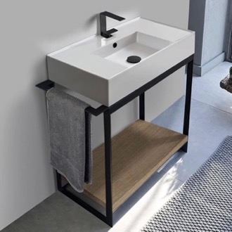 Console Bathroom Vanity Console Sink Vanity With Ceramic Sink and Natural Brown Oak Shelf Scarabeo 5123-SOL2-89